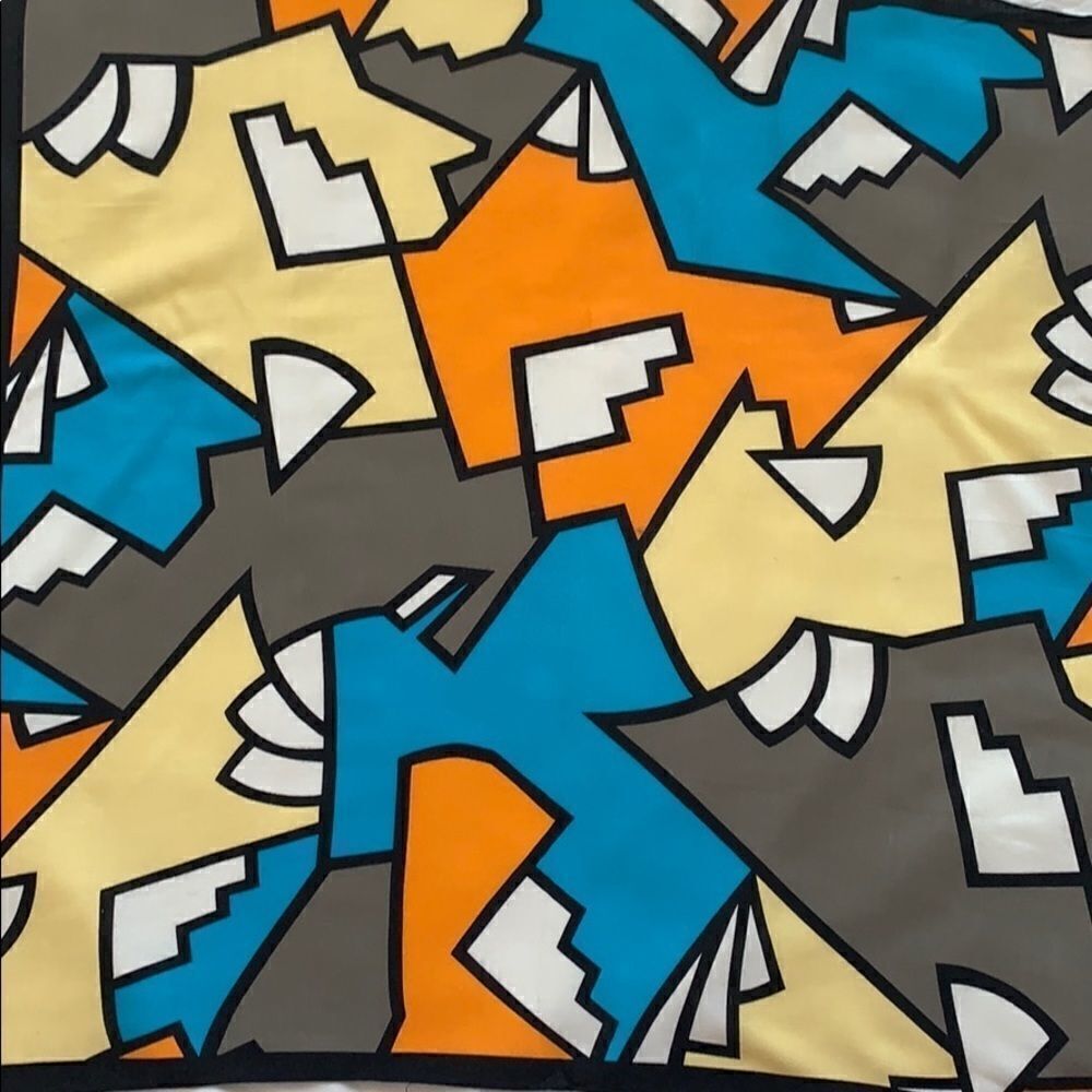 Vtg geometric bright turquoise orange rayon scarf